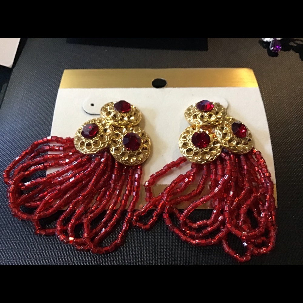 New clip-on red beaded rhinestone earrings Patriotic Christmas everyday